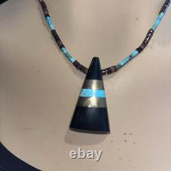 Native American jet inlay turquoise heshe Bead pendant necklace necklace Vintage