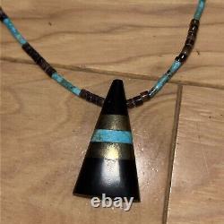 Native American jet inlay turquoise heshe Bead pendant necklace necklace Vintage