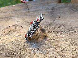Native American jewelry Coral Sterling bubble Cross Ring signedGeneva? Size7