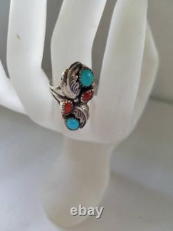 Native American vintage ring Sterling with turquoise and coral Signed E