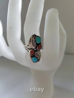 Native American vintage ring Sterling with turquoise and coral Signed E