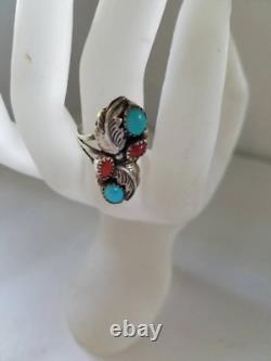 Native American vintage ring Sterling with turquoise and coral Signed E