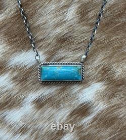 Native Navajo Handmade Sterling Silver Kingman Turquoise Bar Necklace 18
