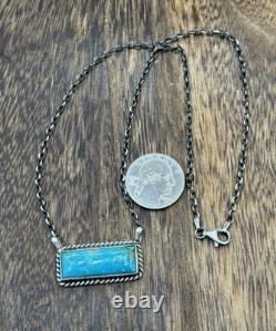 Native Navajo Handmade Sterling Silver Kingman Turquoise Bar Necklace 18