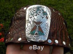 Navajo Alligator Bison leather Rock star bracelet Peyote Vtg Sterling Silver