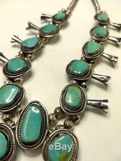 Navajo American Vintage Turquoise Sterling Squash Blossom Necklace 25 Boho