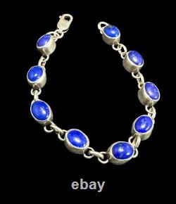 Navajo Bracelet Sterling Silver Natural Lapis Signed Artist Nakai 1980s Vintage