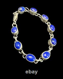 Navajo Bracelet Sterling Silver Natural Lapis Signed Artist Nakai 1980s Vintage