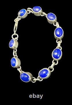 Navajo Bracelet Sterling Silver Natural Lapis Signed Artist Nakai 1980s Vintage