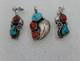 Navajo Calvin Desson Turquoise Coral Sterling Silver Dangle Earrings Pendant Set