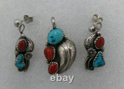 Navajo Calvin Desson Turquoise Coral Sterling Silver Dangle Earrings Pendant Set