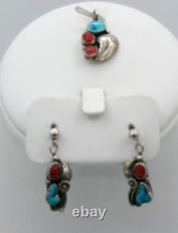 Navajo Calvin Desson Turquoise Coral Sterling Silver Dangle Earrings Pendant Set