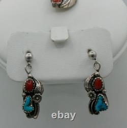 Navajo Calvin Desson Turquoise Coral Sterling Silver Dangle Earrings Pendant Set