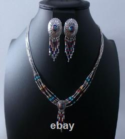 Navajo Colorful Vintage Native American Jewelry Set In Silver
