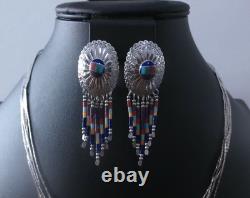 Navajo Colorful Vintage Native American Jewelry Set In Silver