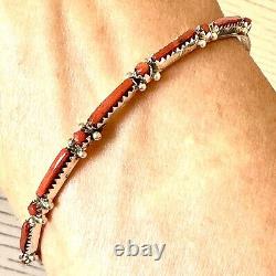 Navajo Cuff Bracelet Red Coral 6.5 in Signed Needlepoint Sterling Handmade