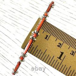 Navajo Cuff Bracelet Red Coral 6.5 in Signed Needlepoint Sterling Handmade