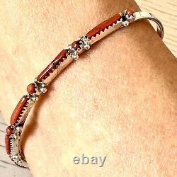 Navajo Cuff Bracelet Red Coral 6.5 in Signed Needlepoint Sterling Handmade