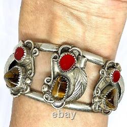 Navajo Cuff Bracelet Turquoise Tiger Eye 39g Red Glass 6.5in Sterling VTG 60s