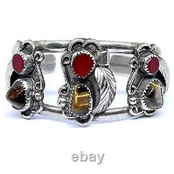 Navajo Cuff Bracelet Turquoise Tiger Eye 39g Red Glass 6.5in Sterling VTG 60s