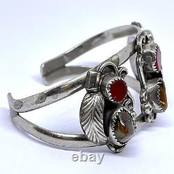 Navajo Cuff Bracelet Turquoise Tiger Eye 39g Red Glass 6.5in Sterling VTG 60s