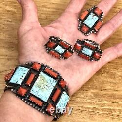 Navajo Mens Turquoise Coral Cuff Ring Cufflink Set Vtg Sterling 155g Cross Old