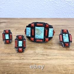 Navajo Mens Turquoise Coral Cuff Ring Cufflink Set Vtg Sterling 155g Cross Old