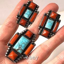 Navajo Mens Turquoise Coral Cuff Ring Cufflink Set Vtg Sterling 155g Cross Old