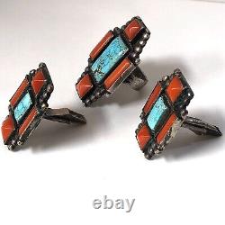 Navajo Mens Turquoise Coral Cuff Ring Cufflink Set Vtg Sterling 155g Cross Old