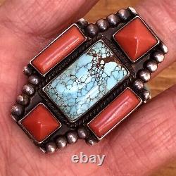 Navajo Mens Turquoise Coral Cuff Ring Cufflink Set Vtg Sterling 155g Cross Old