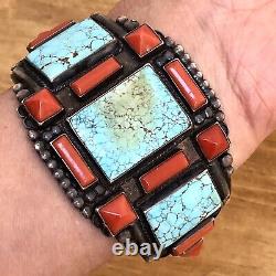 Navajo Mens Turquoise Coral Cuff Ring Cufflink Set Vtg Sterling 155g Cross Old