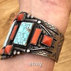 Navajo Mens Turquoise Coral Cuff Ring Cufflink Set Vtg Sterling 155g Cross Old