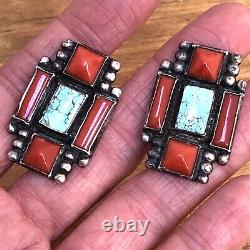 Navajo Mens Turquoise Coral Cuff Ring Cufflink Set Vtg Sterling 155g Cross Old