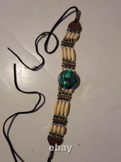 Navajo Native American Hatband Jewelry Necklace Choker Beaded Leather VTG