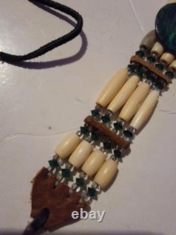 Navajo Native American Hatband Jewelry Necklace Choker Beaded Leather VTG