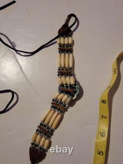 Navajo Native American Hatband Jewelry Necklace Choker Beaded Leather VTG