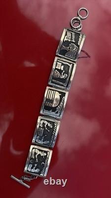Navajo Native Hamdmade Signed Overlay Storyteller Link Bracelet Sterling Silver
