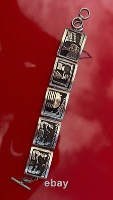 Navajo Native Hamdmade Signed Overlay Storyteller Link Bracelet Sterling Silver