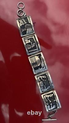 Navajo Native Hamdmade Signed Overlay Storyteller Link Bracelet Sterling Silver