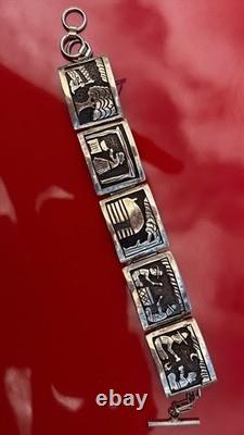 Navajo Native Hamdmade Signed Overlay Storyteller Link Bracelet Sterling Silver