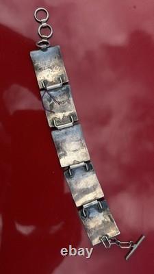 Navajo Native Hamdmade Signed Overlay Storyteller Link Bracelet Sterling Silver