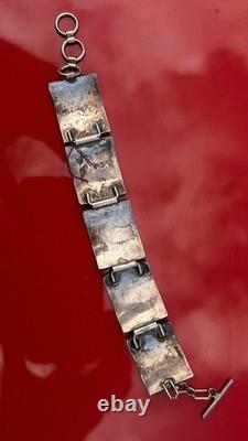 Navajo Native Hamdmade Signed Overlay Storyteller Link Bracelet Sterling Silver