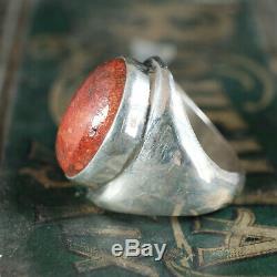 Navajo Red Coral Ring Silver Native American Jewelry Mens Vintage Biker Large