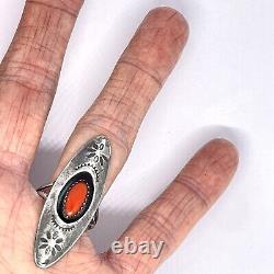 Navajo Shadowbox Red Coral Ring Sz 7.5 Silver 6g VTG 60s Oval Stamped Native
