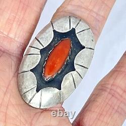 Navajo Shadowbox Red Coral Ring Sz 7 Silver 8g VTG 60s Oval Handmade Native Amer