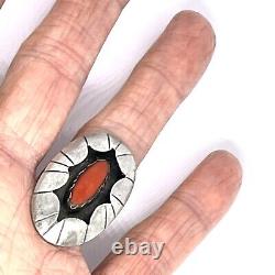 Navajo Shadowbox Red Coral Ring Sz 7 Silver 8g VTG 60s Oval Handmade Native Amer