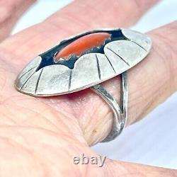 Navajo Shadowbox Red Coral Ring Sz 7 Silver 8g VTG 60s Oval Handmade Native Amer