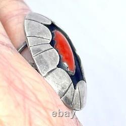 Navajo Shadowbox Red Coral Ring Sz 7 Silver 8g VTG 60s Oval Handmade Native Amer