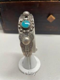 Navajo Stamped IH Coin Silver Sterling Turquoise Cuff Bracelet Vintage