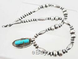Navajo Stamped Sterling Beads Turquoise VTG Pendant 15.5 Choker Necklace WOW